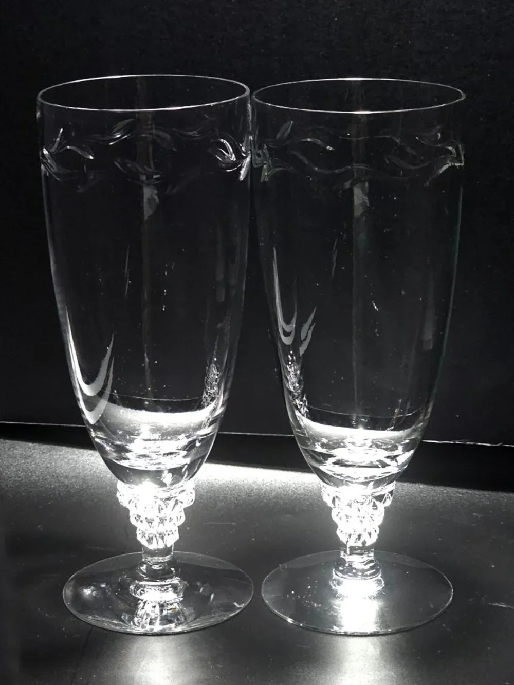 2 Tiffin Franciscan Mimi Ice Tea Glasses cut crystal botanical leaf sculpted